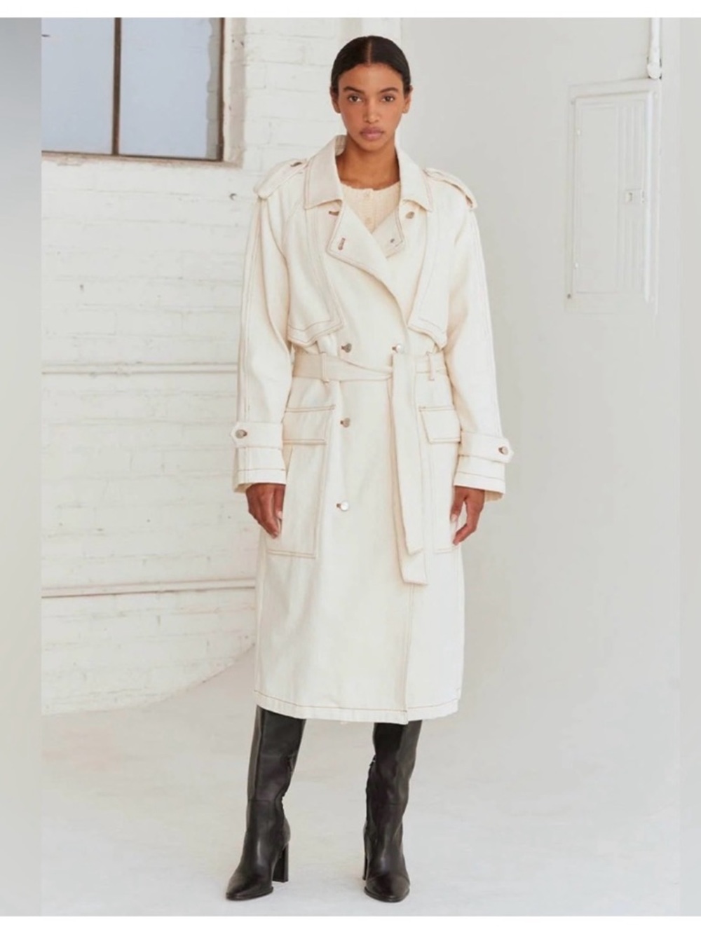 Crescent Cream Double-Breasted Long Trench Coat with Belt
